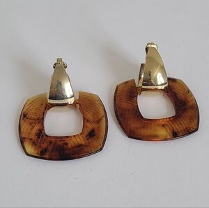 Vintage Chunky Geometric Square Tortoise Shell Resin Gold Door-Knocker Earrings